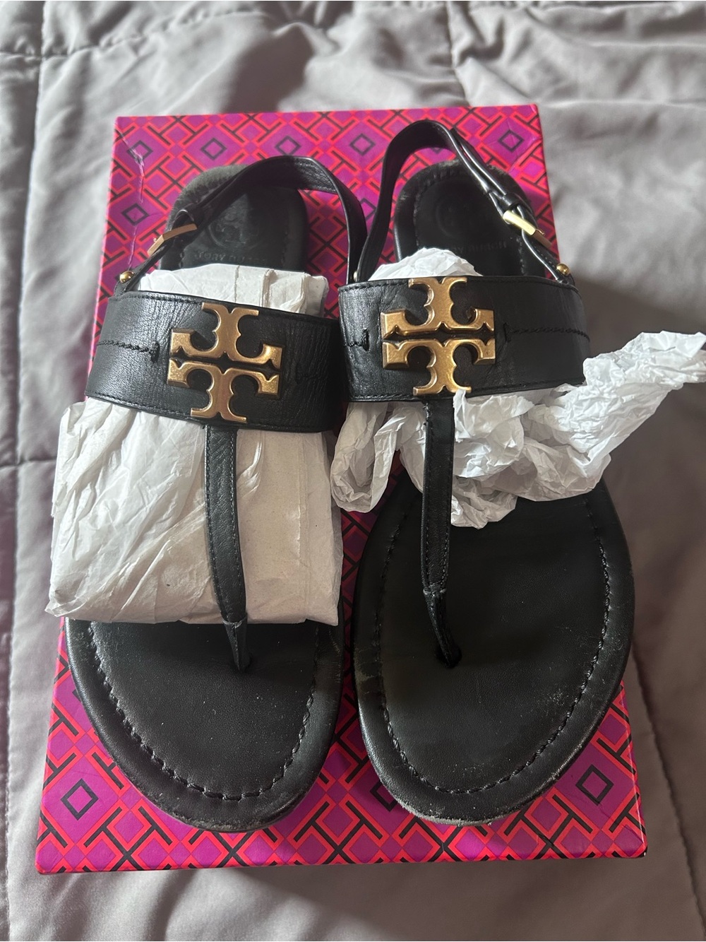 Tory Burch Black Leather Thong Sandals with Gold Logo Medallions